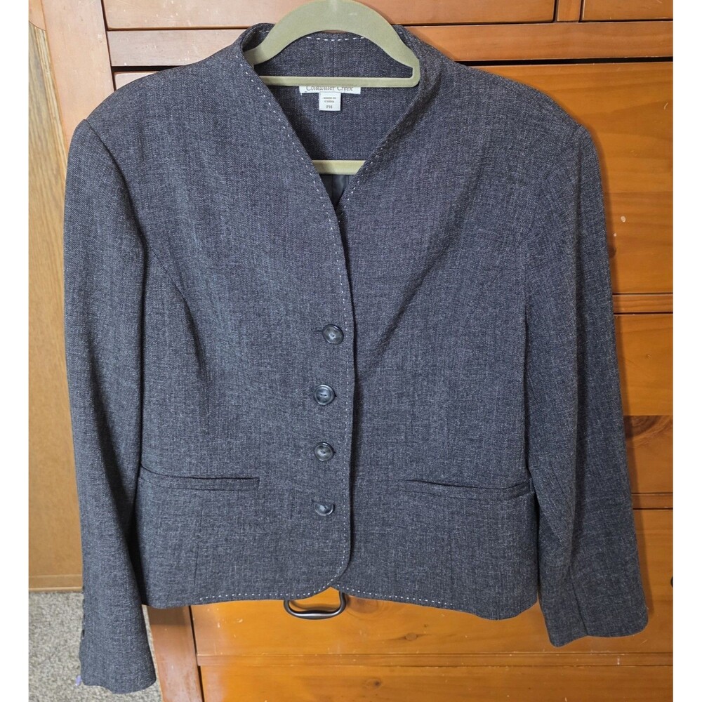 Coldwater Creek Twill Blazer Size 14 Petite Gray Button Classy Dressy Neutral